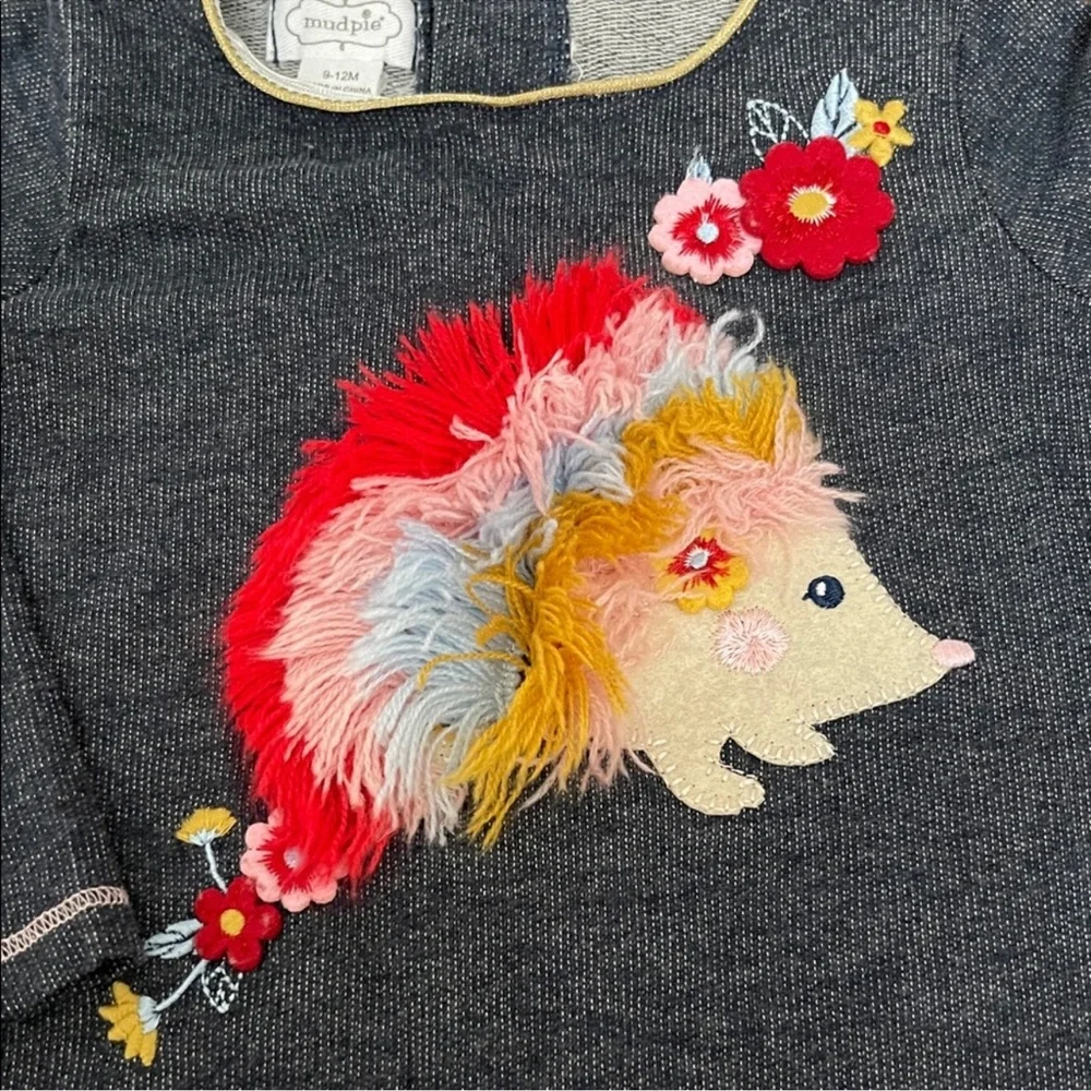 Mud Pie Denim One Piece with Colorful Hedgehog Outfit 9-12 Month
